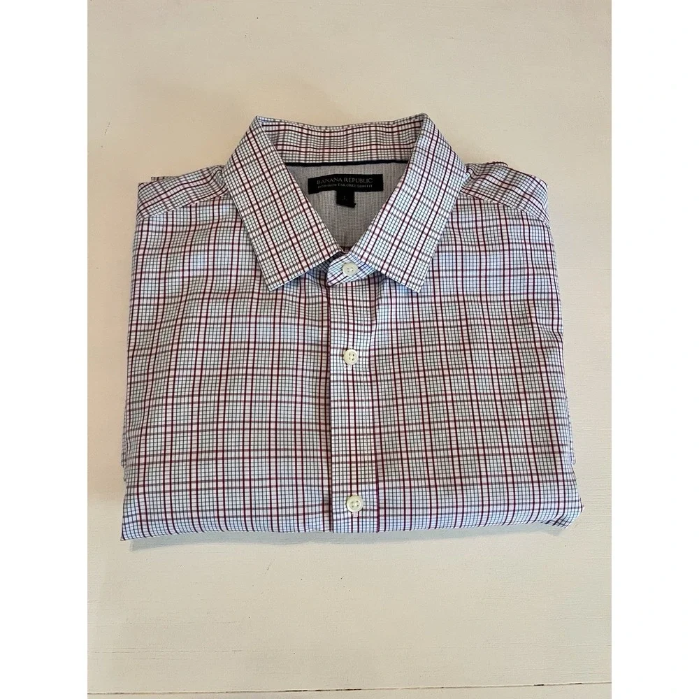 Banana‎ Republic Mens Large Non Iron Slim Fit Button Up Collard Shirt Red White
